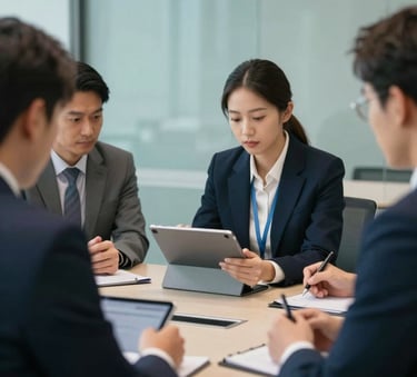 A professional team in a North American / US corporate meeting room, focused on a digital tablet, with a Muted Teal and Dark Navy professional atmosphere, clean lighting.