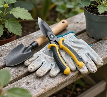 Close-up of gardening tools and gloves on a wooden bench surrounded by fresh plants, Europeu / Britânico