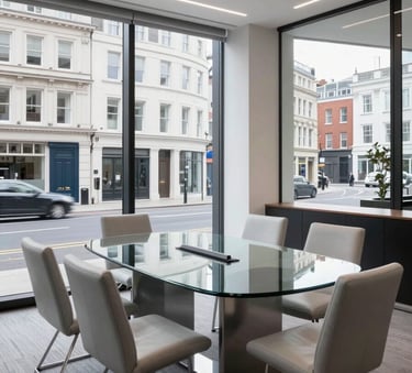 A sophisticated, high-end meeting room in a British office building, featuring a minimalist glass table, light gray leather chairs, and large windows overlooking a clean UK city street, professional and airy lighting.
