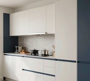 Interior shot of a modern modular kitchen featuring clean lines, off-white cabinetry, and dark blue accents, bright and airy, professional real estate photography in a Northern European / Irish setting.