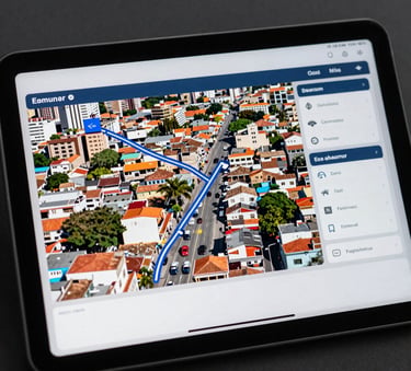 Photography of a high-tech tracking dashboard on a tablet screen, showing a delivery route through a vibrant Latin American city. Sharp focus, clean composition, palette of blue, white, and dark grey.