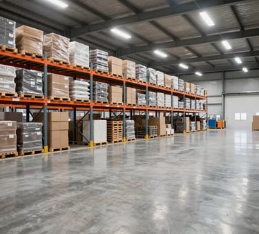 A wide angle shot of a clean, modern warehouse with organized pallet racking systems and polished concrete floors, International Business style, featuring bright and even lighting.