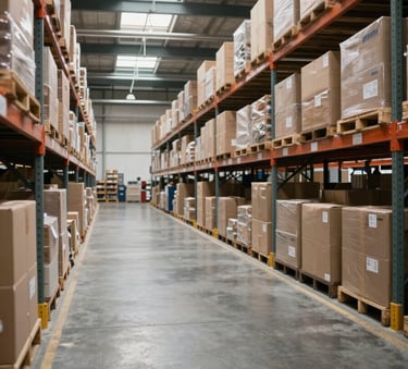 A wide-angle photography shot of a perfectly clean and organized North American distribution center with high ceilings and polished concrete floors, bathed in bright, natural light from skylights.
