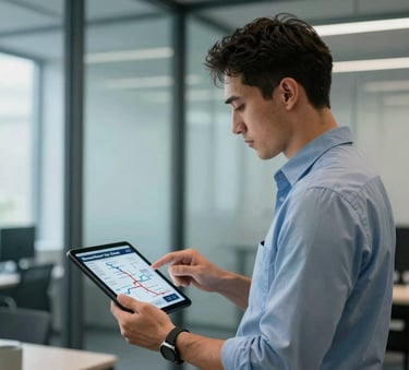 A professional logistics coordinator in a modern office with glass walls, looking at a tablet showing shipping routes, steel blue and light blue background, professional attire. Central European / Swiss German.