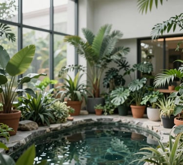 A sophisticated indoor sunroom filled with exotic potted plants and a small decorative pond. The architecture is modern with large windows. The scene incorporates brand colors #0A2E2A and #EDF3F1 in the decor and water reflections, creating a serene botanical environment.