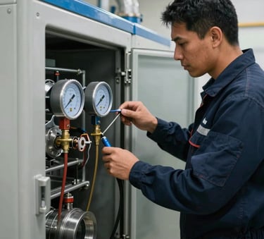 A South American technician in a professional uniform inspecting a complex industrial refrigeration unit with a digital manifold gauge, focusing on technical precision, set in a clean industrial facility, professional lighting, steel blue and dark navy tones.