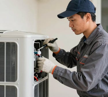 A professional HVAC specialist in a slate grey-blue uniform working on an indoor air handler unit in a modern North American / US residence, soft off-white lighting, focus on quality installation.