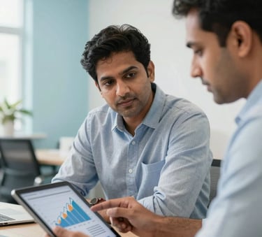 A close-up of a strategy meeting between two professional South Asian / Indian experts in a brightly lit, modern office with Pale Sky Blue accents on the walls, focusing on a tablet showing growth charts.