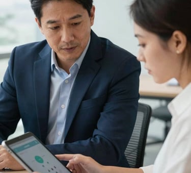 A close-up photograph of a professional coaching session in a modern Brazilian corporate office, focusing on a mentor and a trainee discussing growth strategies over a digital tablet, soft natural lighting, navy blue and white color palette.