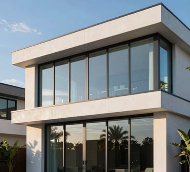 A side view of a modern luxury residential house in North American / Florida with floor-to-ceiling impact-resistant glass windows, reflecting a clear blue sky, soft afternoon sunlight, elegant and clean architecture, professional photography.