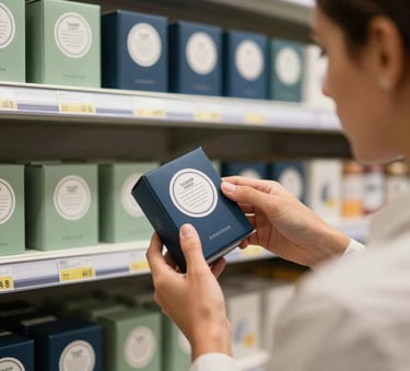 A professional interaction in a Brazilian retail environment, showing a person examining a product quality seal, sharp focus, clean aesthetic, dark blue and sage green color accents.