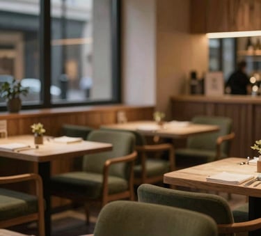 A cozy, Scandinavian-style restaurant interior at dusk. Warm wooden furniture, soft ambient lighting, and olive green cushions (#355E3B). The composition is sophisticated and empty, focusing on the texture of the materials and a peaceful culinary atmosphere. High-end architectural photography style.