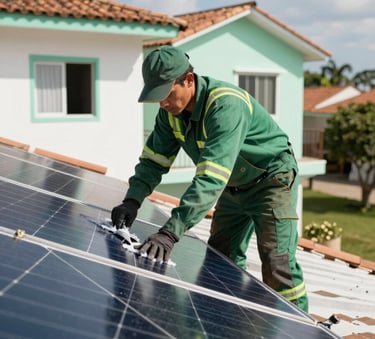 A professional technician in a South American / Brazilian residential area cleaning solar panels on a rooftop. The scene is bright and sunny, with the technician wearing professional safety gear. The environment features Soft Mint White house accents and Deep Forest Green elements in the technician's uniform.