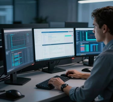 A sophisticated North American office setting with a focused professional working on multiple sleek monitors displaying data streams, low-key lighting with dark oxford blue and navy blue accents.