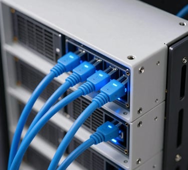 A clean, bright close-up photograph of high-end, sleek server hardware components and glowing blue fiber optic cables in a modern North American data center, off-white and medium blue lighting.