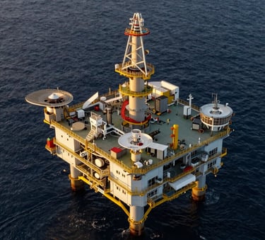 An aerial view of a clean, modern offshore energy platform at sea during golden hour, deep navy water contrasting with soft gold sunlight, representing high-value infrastructure.