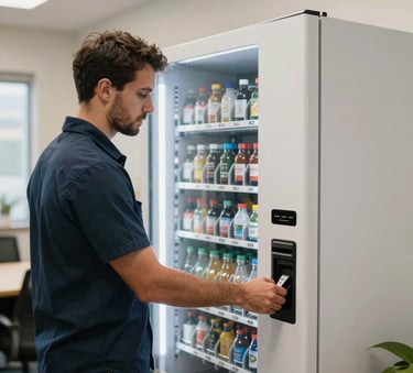 A professional technician in a clean uniform restocking a modern vending machine in a bright North American office breakroom, professional and reliable service atmosphere, natural lighting.