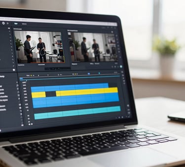 A close-up shot of a modern laptop screen displaying a professional video editing timeline with bright blue and yellow highlights, set in a bright North American home office with soft natural light.