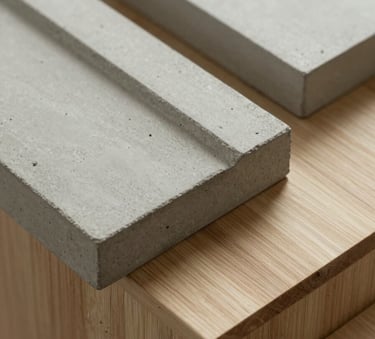 A close-up photograph of high-quality architectural materials, featuring smooth concrete and natural wood textures with soft sage and pale ash lighting, representing modern construction quality.