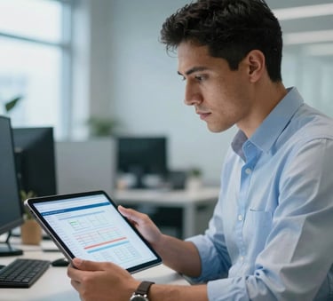 A focused professional in a modern Latin American / Spanish office looking at a tablet displaying clean data structures and server metrics. The lighting is bright and professional with accents of Soft Blue and Steel Blue in the environment.