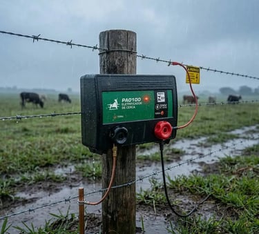 Eletrificador Pampeano PA0100 funcionando em cerca rural durante chuva, destacando a proteção IPX4 c