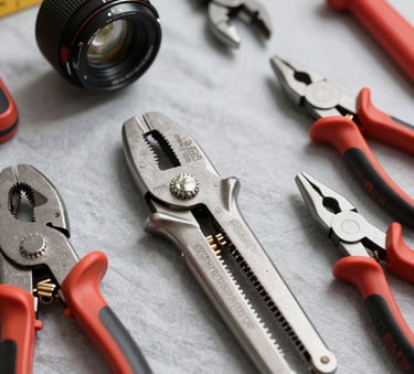Close-up of professional plumbing tools like a pipe cutter and pliers laid out neatly on a light gray cloth, North American / US style toolkit, clean and organized composition.