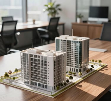 A detailed architectural model of a modern development project resting on a polished boardroom table in a sunlit office, North American / International Business style, sharp focus, clean composition.