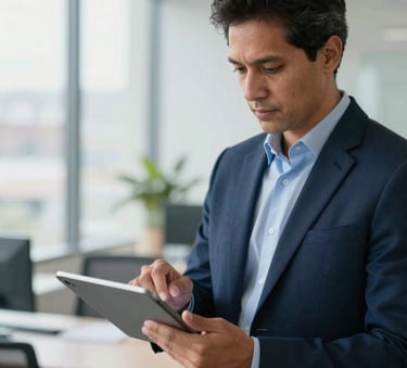 A professional South American logistics manager in a bright modern office using a digital tablet to track a transport route, soft daylight, professional atmosphere, navy blue and light blue accents.