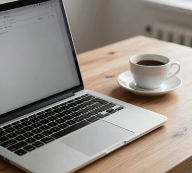 A close-up of a sophisticated workspace in a North American home office. A clean wooden desk holds a modern laptop and a cup of coffee. The setting is results-driven and professional with soft morning light in slate gray and white tones.