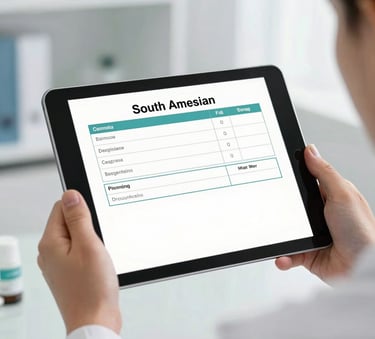 Close-up of a digital medical prescription displayed on a sleek tablet screen held by professional hands. Clean, modern, bright lighting in a South American medical office.