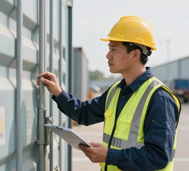 A focused professional in high-visibility safety gear inspecting a cargo container in a clean North American industrial site, bright daylight, professional atmosphere.
