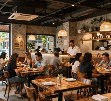 A modern artisanal restaurant interior in Brazil with warm lighting, customers enjoying food at wooden tables, and a professional yet relaxed atmosphere, photography.