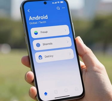 Macro shot of a hand interacting with a sleek Android application in a Global / Tech Industry urban park. The screen shows a steel blue and soft white UI design, captured in natural sunlight with a modern aesthetic.