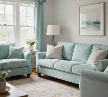 A bright and airy North American living room with soft lighting, featuring furniture in shades of soft aqua and off-white mist, creating a serene and welcoming atmosphere.