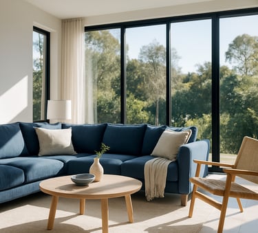 A cozy, sun-drenched living room in a modern Australian home, clean lines and large windows, suggesting perfect indoor climate control. Professional photography, bright natural lighting, Deep Ocean and Ice White tones.