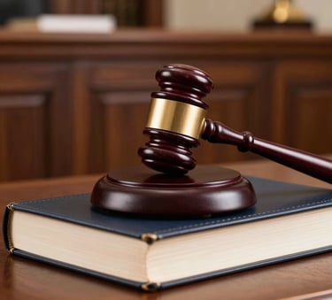 A close-up of a polished wooden gavel resting on a leather-bound legal book in a traditional North American courtroom setting with elegant wood paneling and gold details.