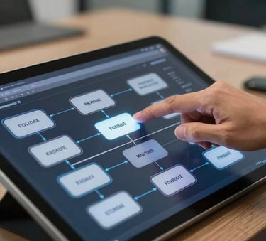 Detailed shot of a professional hand interacting with a high-end touch screen displaying an advanced business process flowchart. Modern Brazilian office setting, soft-focus background with steel blue accents. High-tech, expert atmosphere.