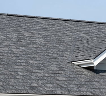 A clean, modern house roof with perfectly maintained dark grey shingles against a clear sky. The image conveys a sense of meticulous care and longevity, utilizing the brand's clean aesthetic with subtle blue undertones.
