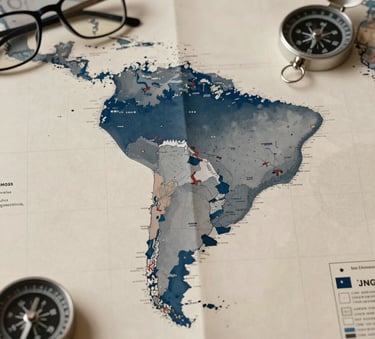A professional photograph of a strategic map of South America spread across a wooden table, next to a pair of glasses and a compass. The lighting is cinematic, highlighting the map's details in off-white and dark navy blue tones, emphasizing a South American strategic context.