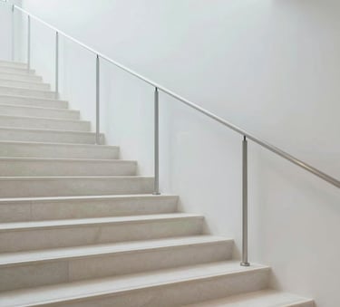 A pristine, professionally cleaned modern stairwell with metal railings and light-colored stone steps. The atmosphere is bright and airy, reflecting modern efficiency and the brand colors #4C728C and #F4F8FC. High-resolution architectural photography.