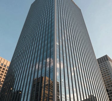 A low angle photograph of a modern glass skyscraper in a North American business district, reflecting a clear blue sky and the soft light of morning, symbolizing corporate growth and professional success.