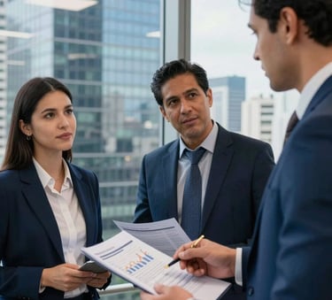 Two South American / Brazilian professionals discussing financial reports in a high-rise office with glass windows, city skyline in the background. Professional and reliable atmosphere, incorporating Dark Navy Blue and Sea Blue colors.