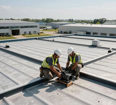 A professional roofing crew working on a large flat roof system of a modern warehouse in a North American industrial park, bright daylight, high-contrast industrial setting.