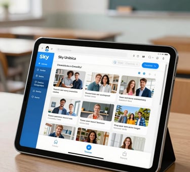 A close-up photograph of a sleek, modern tablet screen in a North American classroom showing a vibrant, interactive community forum interface. Soft natural light illuminates the device, with a blurred background of a clean, tech-forward learning space using a Sky White and Bright Blue color palette.