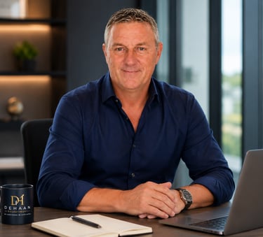 Professional recruitment consultant sitting at a desk with a laptop, notebook, and DeHaan Recruitment mug.