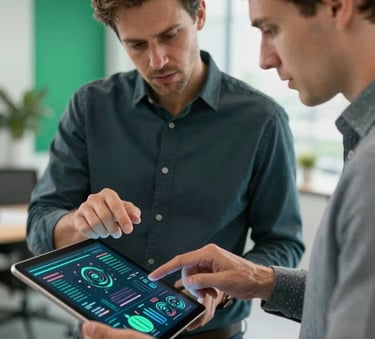 A close-up of two professional consultants in a modern office, dressed in business casual attire, discussing complex data visualizations on a large tablet. The lighting is bright and airy with charcoal teal and persian green accents in the background decor.