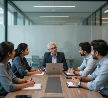 A collaborative South Asian Indian team meeting in a glass-walled conference room, high-end office architecture, professional atmosphere, medium blue and steel blue tones.