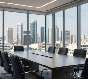 A high-end professional meeting room in Casablanca with a panoramic view of the modern city skyline through large windows, soft natural light, minimalist corporate furniture in navy and gray tones.