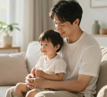 A warm, high-quality photograph of a parent and child sitting together in a sunlit living room, symbolizing stability and nurturing support. The lighting is soft and golden, with interior accents in #6B7F67 and #F1F5EF.