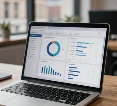 A close-up of a modern high-end laptop on a wooden desk in a bright London office, showing a clean business analytics dashboard. The lighting is natural and sophisticated, with a blurred view of British city architecture in the background.